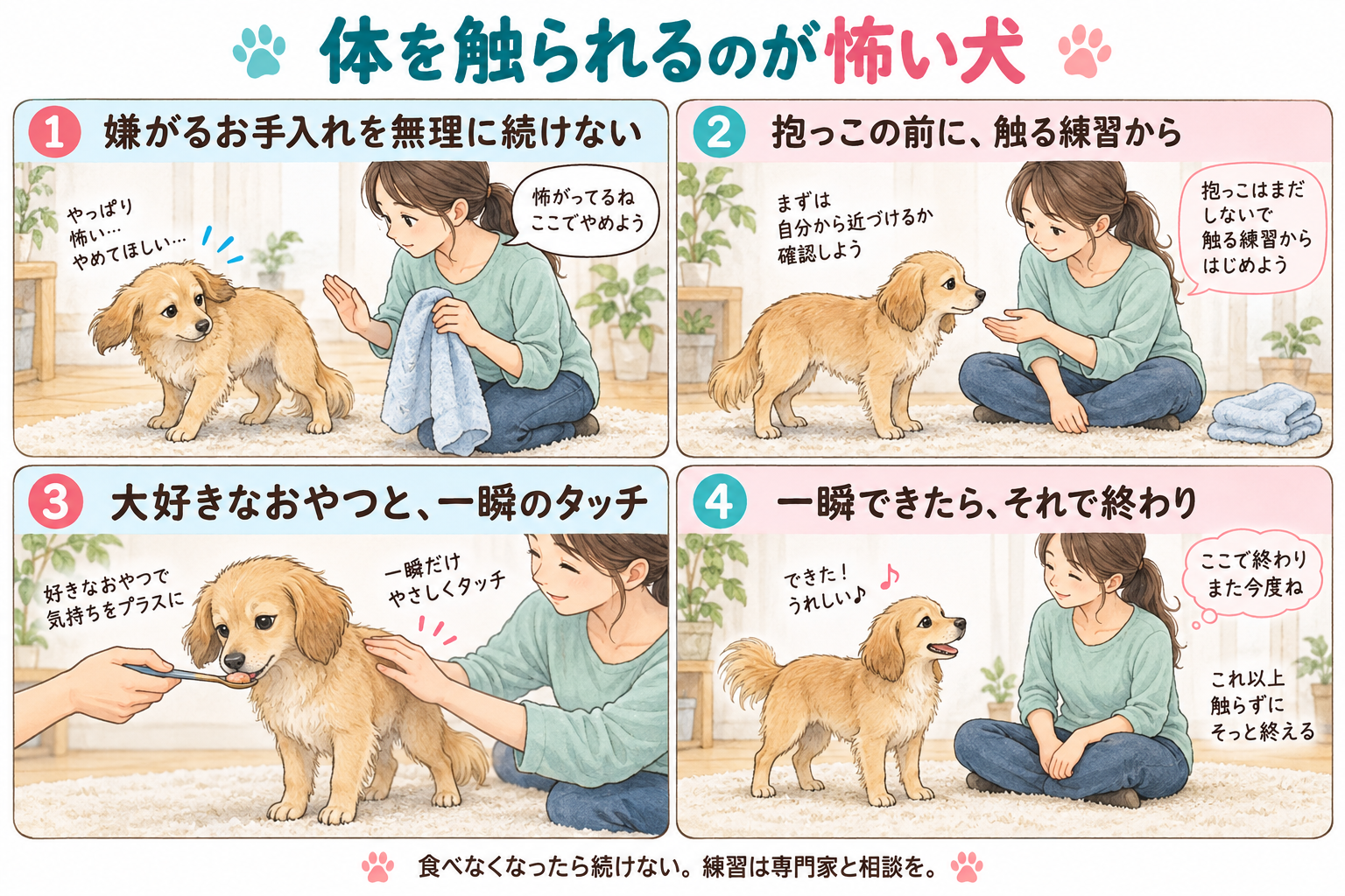 体を触られるのが怖い犬への、無理をしないお手入れ練習