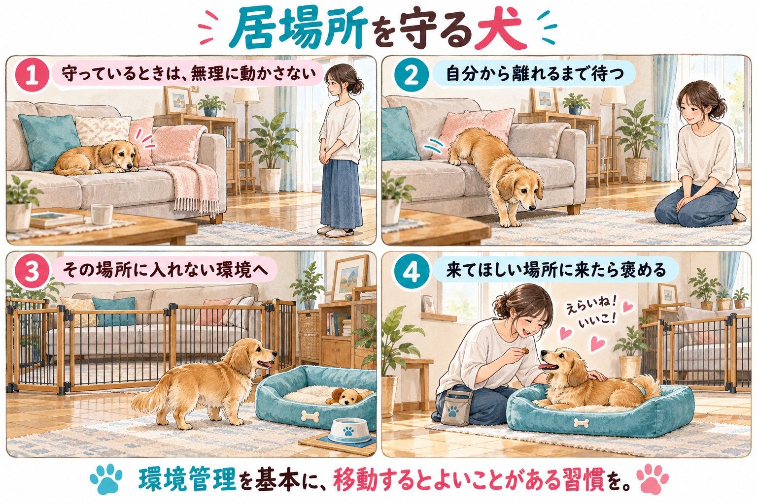 居場所を守る犬を無理に動かさず、自分から移動する習慣を育てる