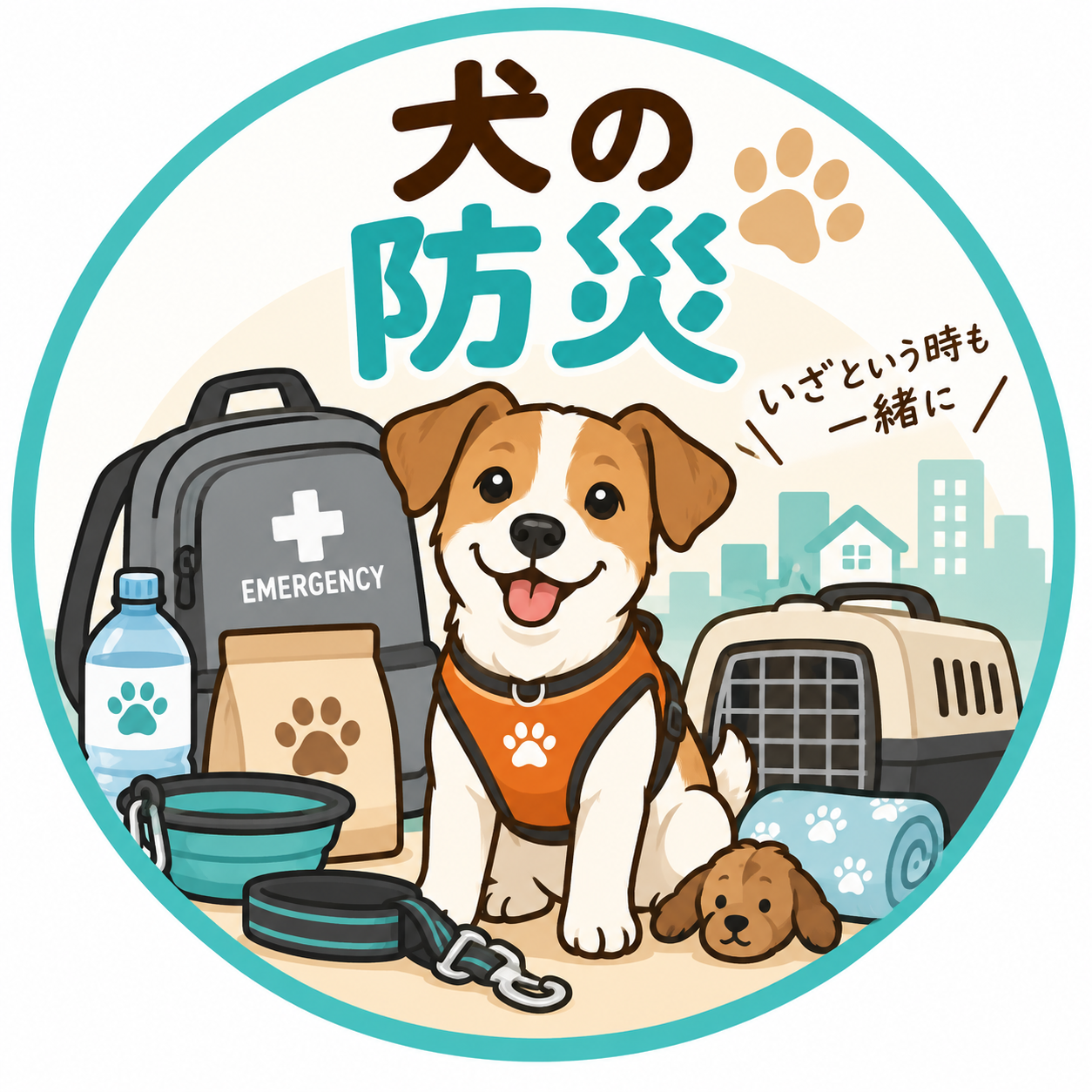 犬の防災。犬とクレート、水、フード、リードなどの備えのイラスト