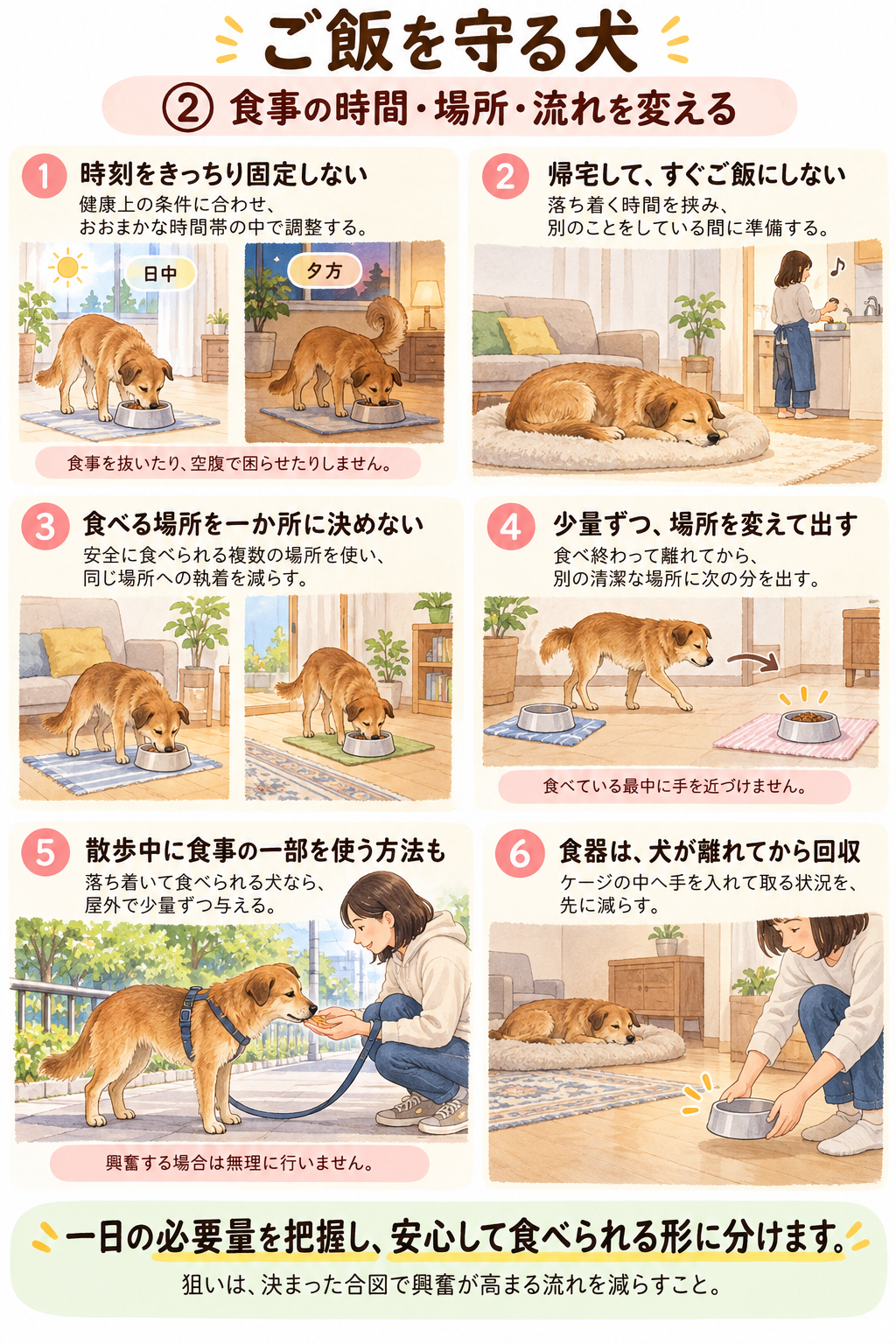 食事の時間・場所・流れを変える。安全な食事環境と、犬が離れてから食器を回収する工夫の図解