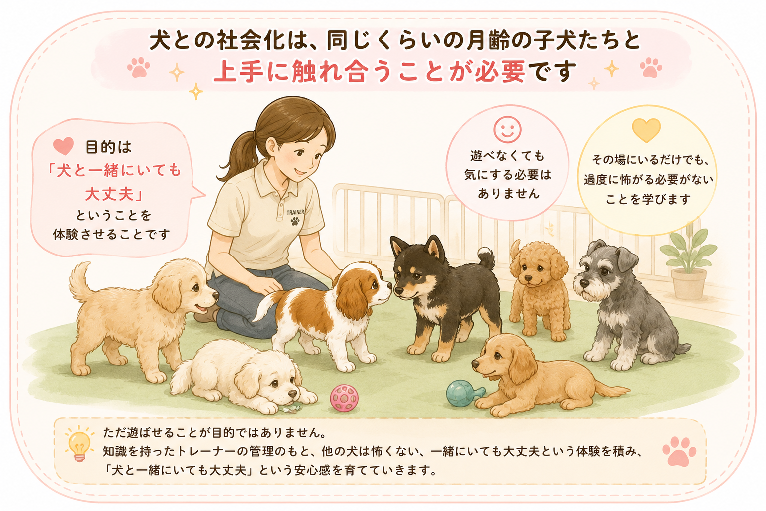 犬との社会化では同じくらいの月齢の子犬たちと上手に触れ合うことが必要です