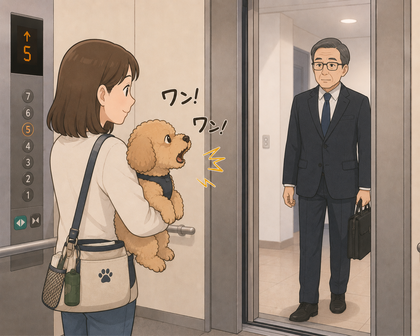 キャリーバッグでエレベーターに乗っている飼い主と犬のイメージ