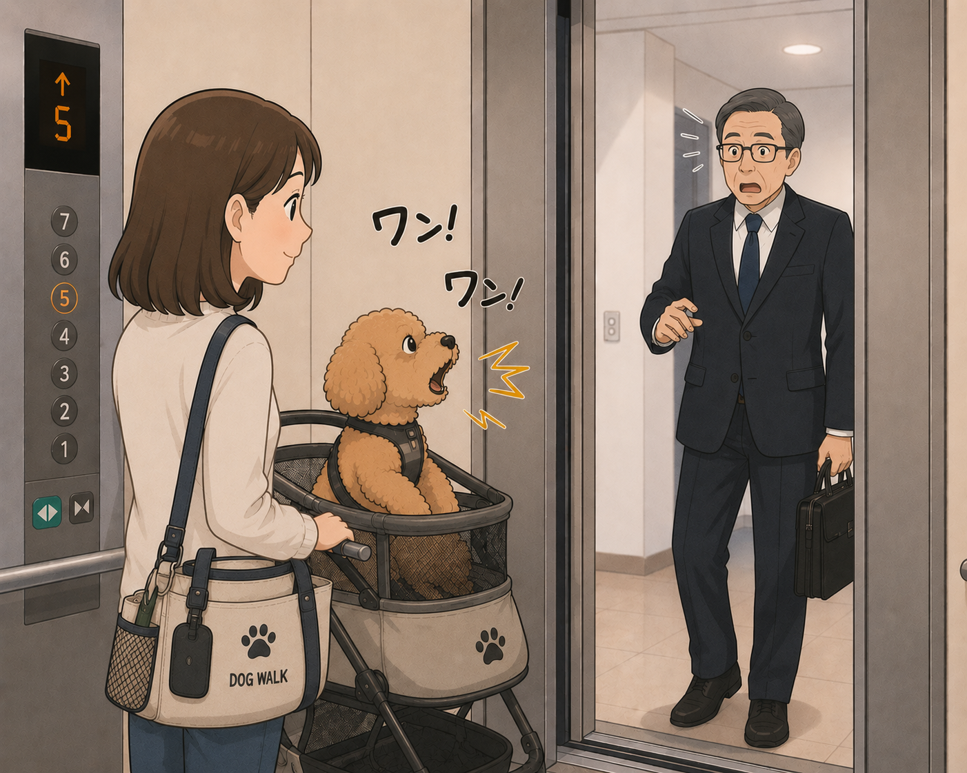 カートに乗った犬がエレベーターで人に向かって吠えているイメージ