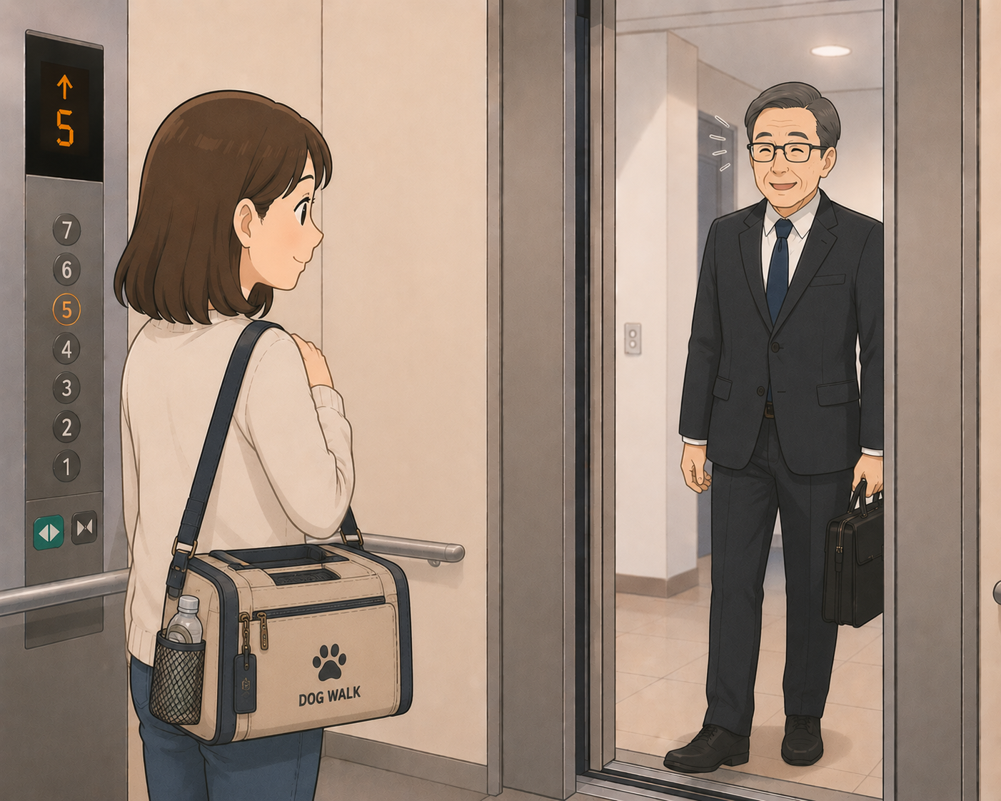 抱っこされた犬がエレベーターで人に向かって吠えているイメージ